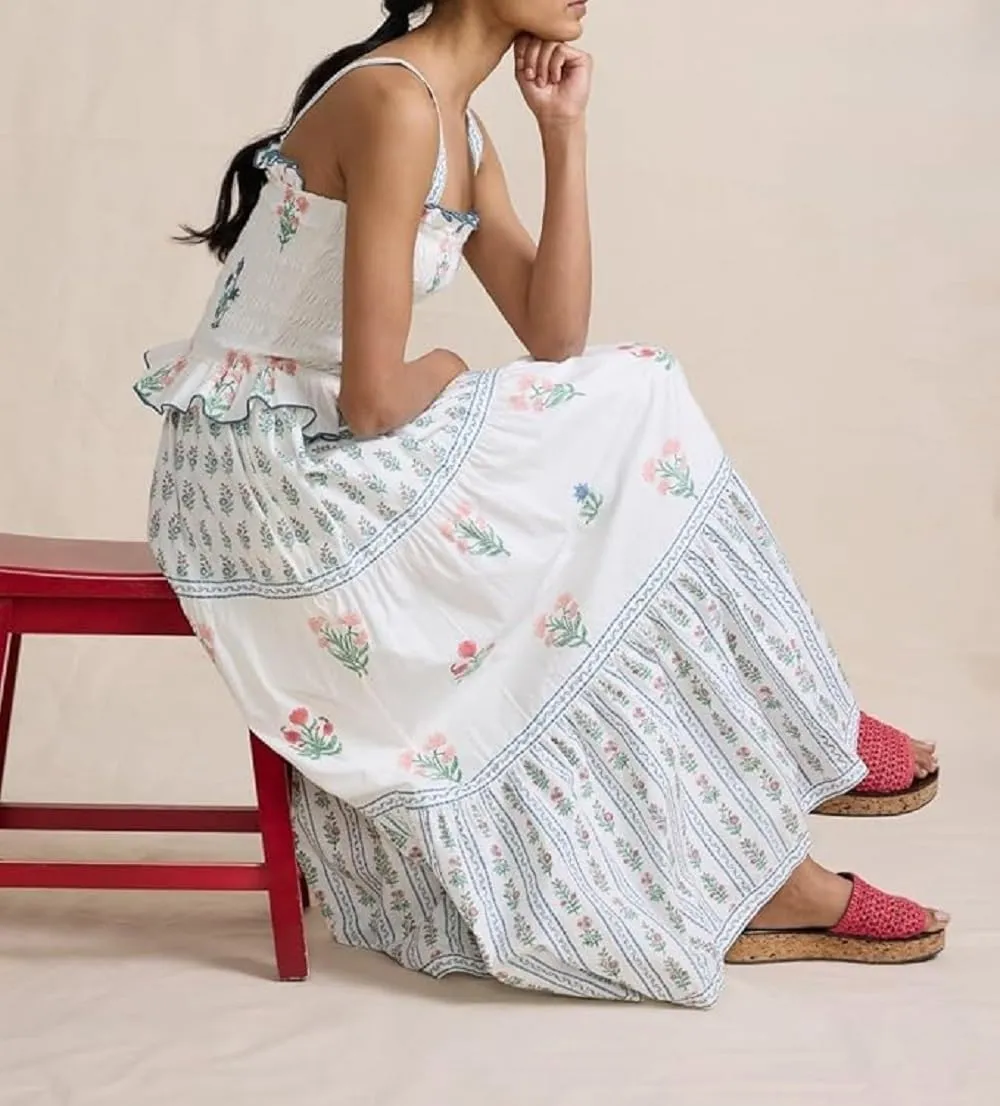 Women Boho Tie Shoulder Maxi Dress Y2k Floral Smocked Ruffle Long Dress Summer Tiered Swing Flowy Sundress