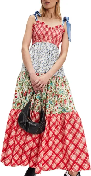 Women Boho Tie Shoulder Maxi Dress Y2k Floral Smocked Ruffle Long Dress Summer Tiered Swing Flowy Sundress