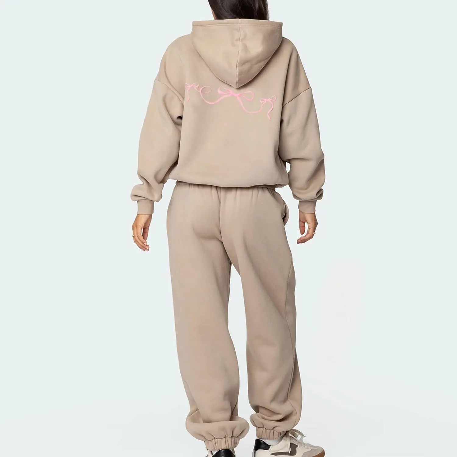 Women Bow Print Sweat Set Long Sleeve Oversized Hoodie Wide Leg Sweatpants 2 Piece Outfits Matching Tracksuit