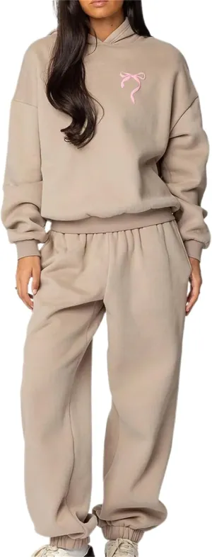 Women Bow Print Sweat Set Long Sleeve Oversized Hoodie Wide Leg Sweatpants 2 Piece Outfits Matching Tracksuit