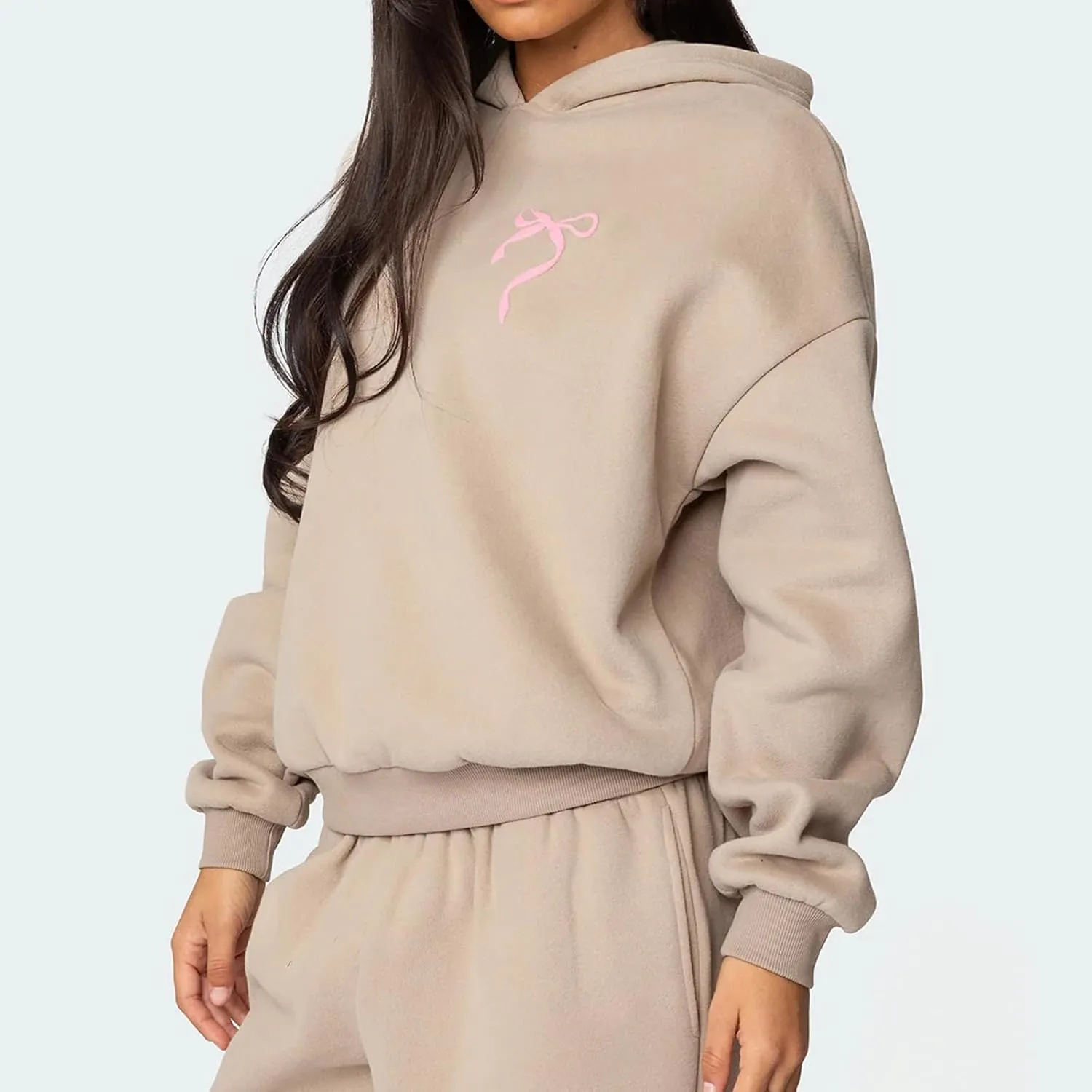 Women Bow Print Sweat Set Long Sleeve Oversized Hoodie Wide Leg Sweatpants 2 Piece Outfits Matching Tracksuit