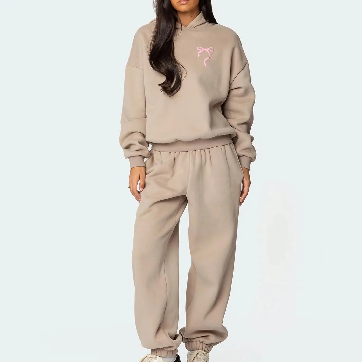 Women Bow Print Sweat Set Long Sleeve Oversized Hoodie Wide Leg Sweatpants 2 Piece Outfits Matching Tracksuit