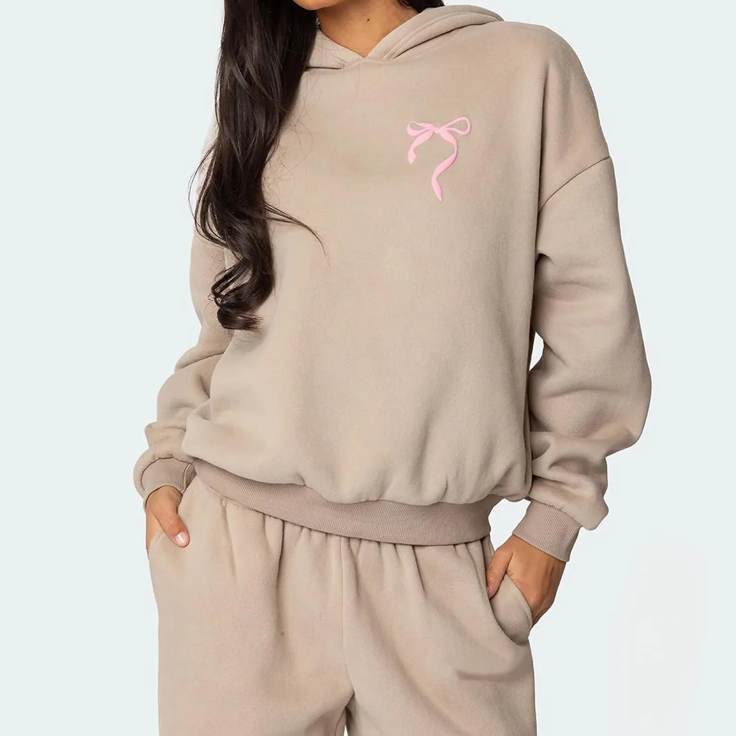 Women Bow Print Sweat Set Long Sleeve Oversized Hoodie Wide Leg Sweatpants 2 Piece Outfits Matching Tracksuit