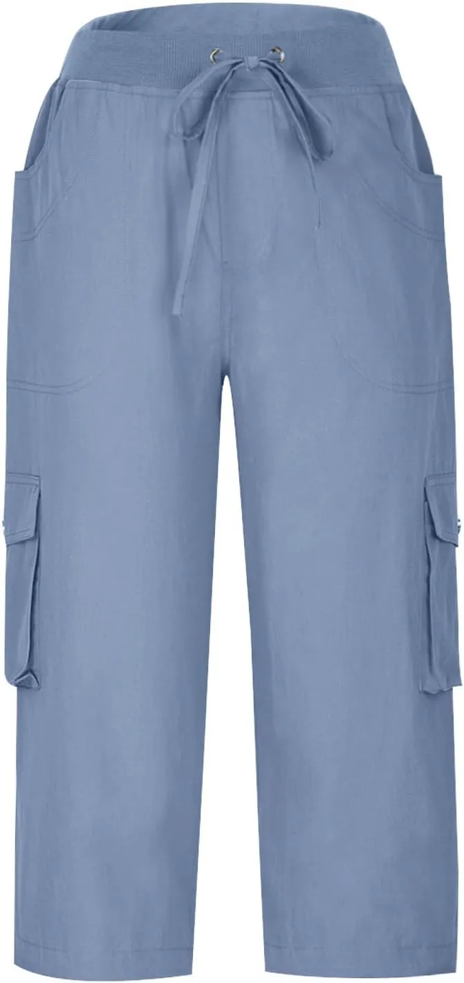 Women Cargo Capris Summer Casual Drawstring Capri Pants with Pockets Wide Leg Cropped Trouser Outdoor Hiking Pants