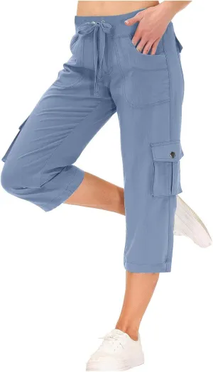 Women Cargo Capris Summer Casual Drawstring Capri Pants with Pockets Wide Leg Cropped Trouser Outdoor Hiking Pants