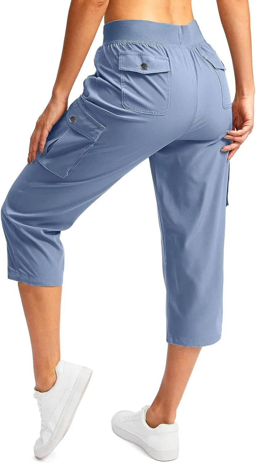 Women Cargo Capris Summer Casual Drawstring Capri Pants with Pockets Wide Leg Cropped Trouser Outdoor Hiking Pants