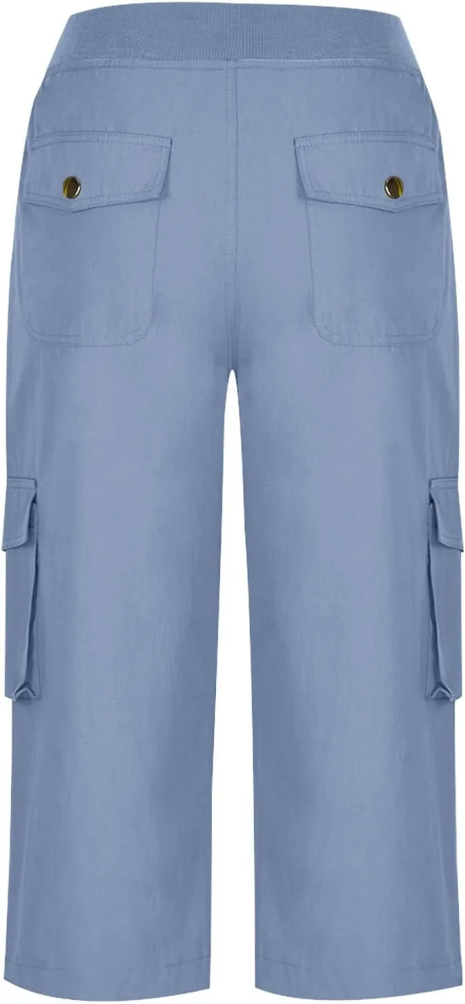 Women Cargo Capris Summer Casual Drawstring Capri Pants with Pockets Wide Leg Cropped Trouser Outdoor Hiking Pants