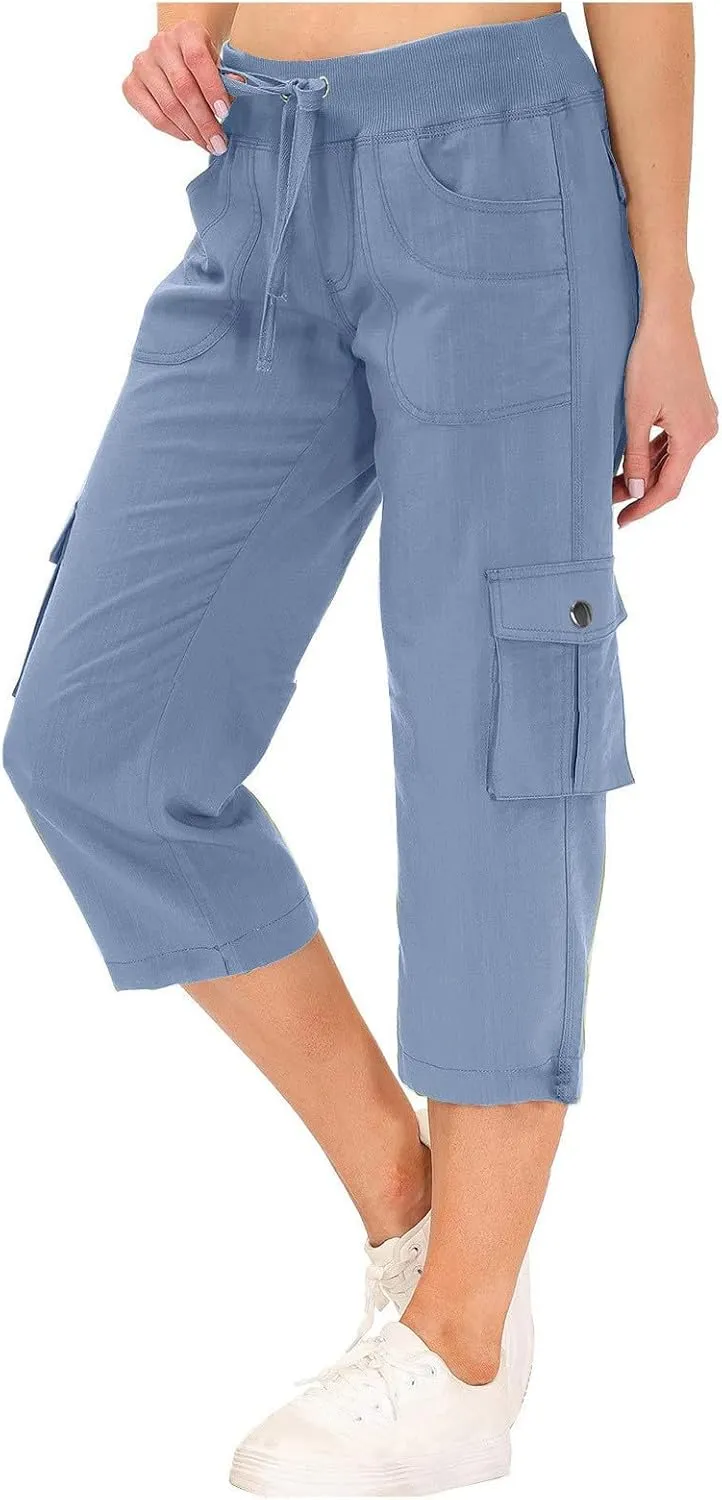 Women Cargo Capris Summer Casual Drawstring Capri Pants with Pockets Wide Leg Cropped Trouser Outdoor Hiking Pants