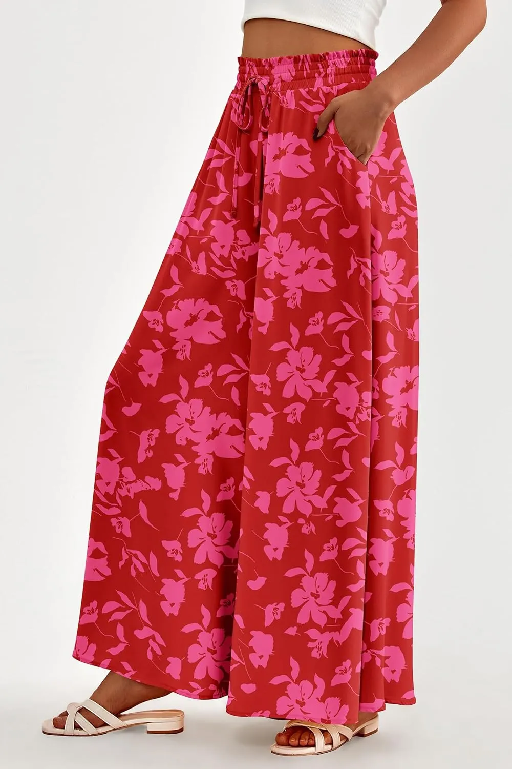 Women Casual High Waist Wide Leg Pants Flowy Lounge Palazzo Pants Boho Vacation Trousers Summer Trouser with Pocket