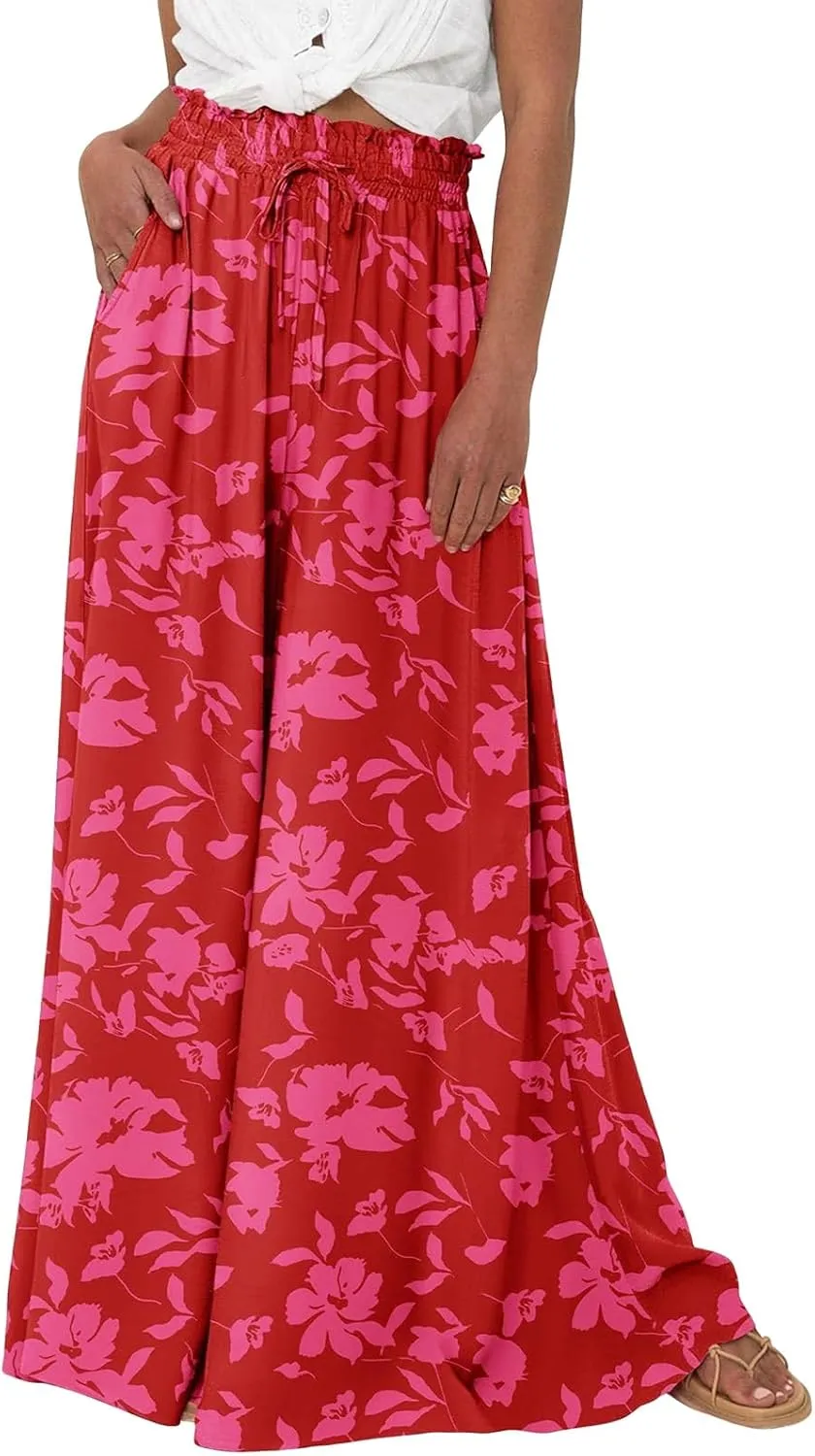 Women Casual High Waist Wide Leg Pants Flowy Lounge Palazzo Pants Boho Vacation Trousers Summer Trouser with Pocket