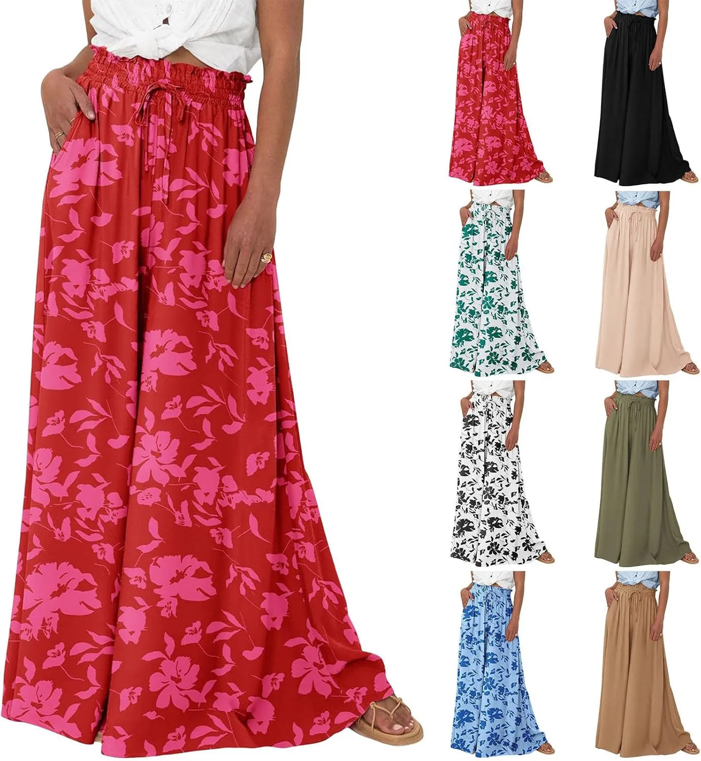 Women Casual High Waist Wide Leg Pants Flowy Lounge Palazzo Pants Boho Vacation Trousers Summer Trouser with Pocket