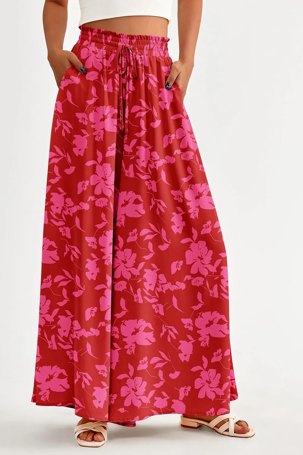 Women Casual High Waist Wide Leg Pants Flowy Lounge Palazzo Pants Boho Vacation Trousers Summer Trouser with Pocket