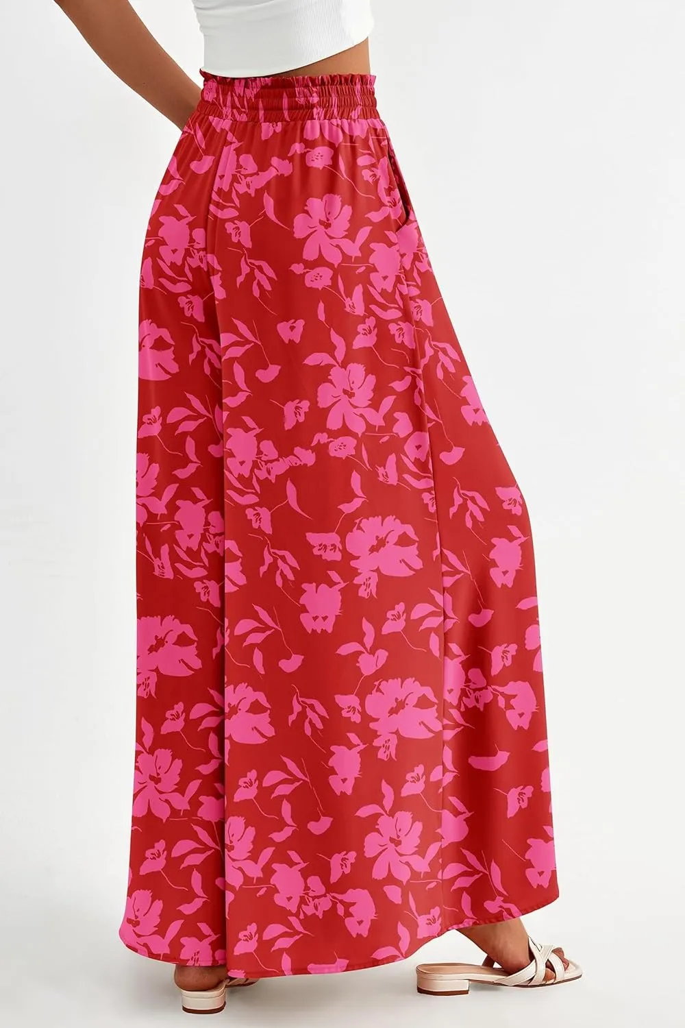 Women Casual High Waist Wide Leg Pants Flowy Lounge Palazzo Pants Boho Vacation Trousers Summer Trouser with Pocket