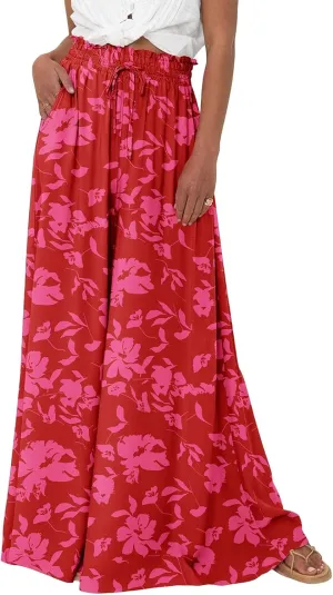 Women Casual High Waist Wide Leg Pants Flowy Lounge Palazzo Pants Boho Vacation Trousers Summer Trouser with Pocket