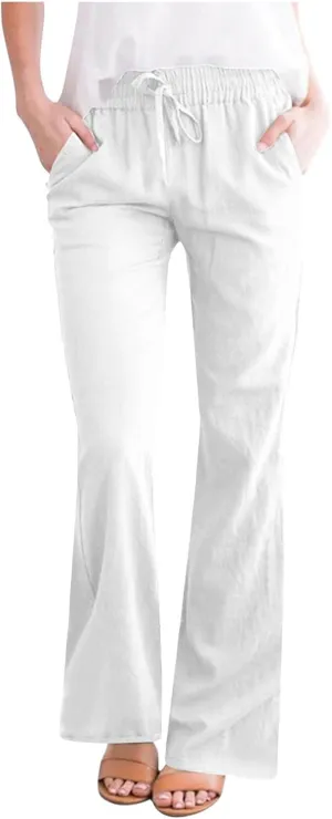 Women Cotton Linen Flare Pants Summer Drawstring Bootcut Trousers Boho Beach Lightweight Slacks Ladies Travel Clothes