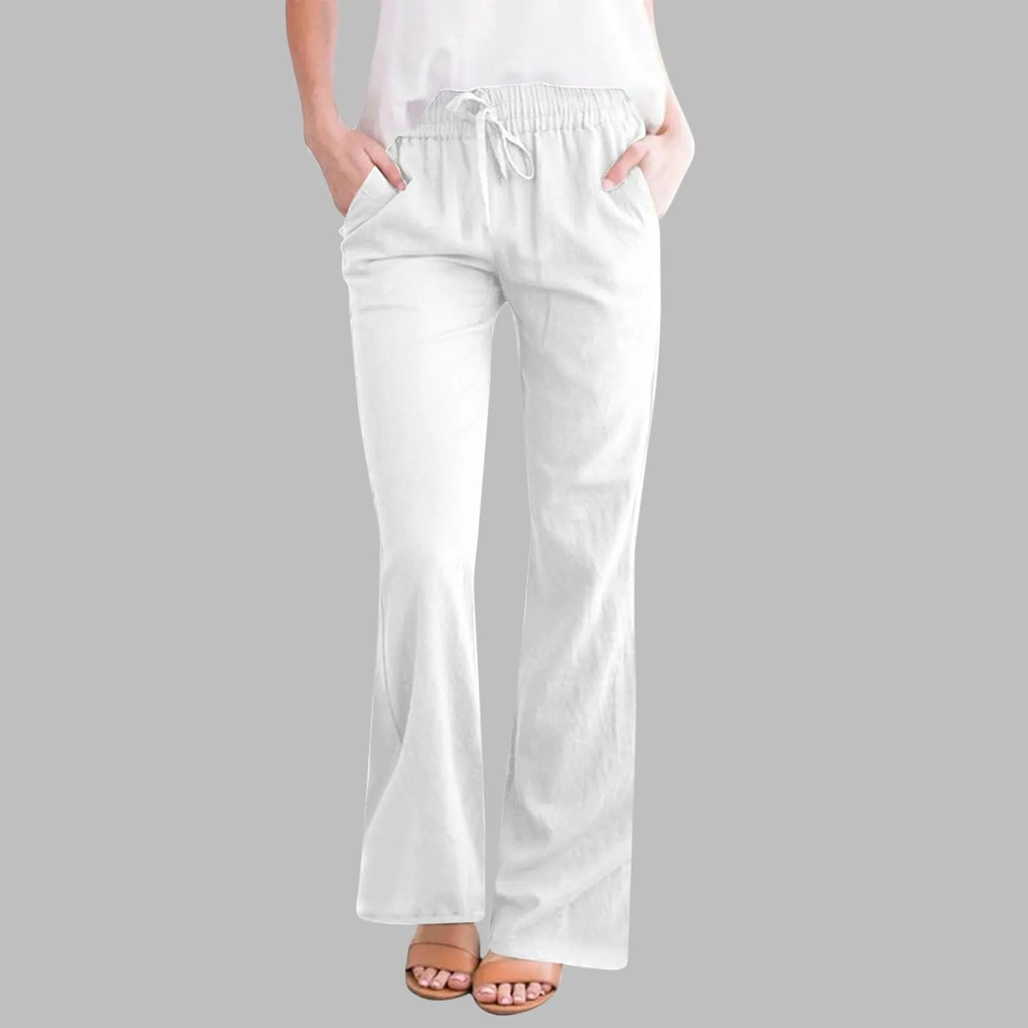 Women Cotton Linen Flare Pants Summer Drawstring Bootcut Trousers Boho Beach Lightweight Slacks Ladies Travel Clothes