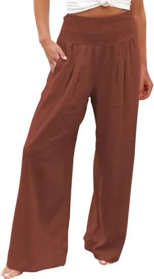Women Cotton Linen Palazzo Pants Summer High Waist Wide Leg Lounge Slacks Boho Beach Flowy Long Trousers with Pockets