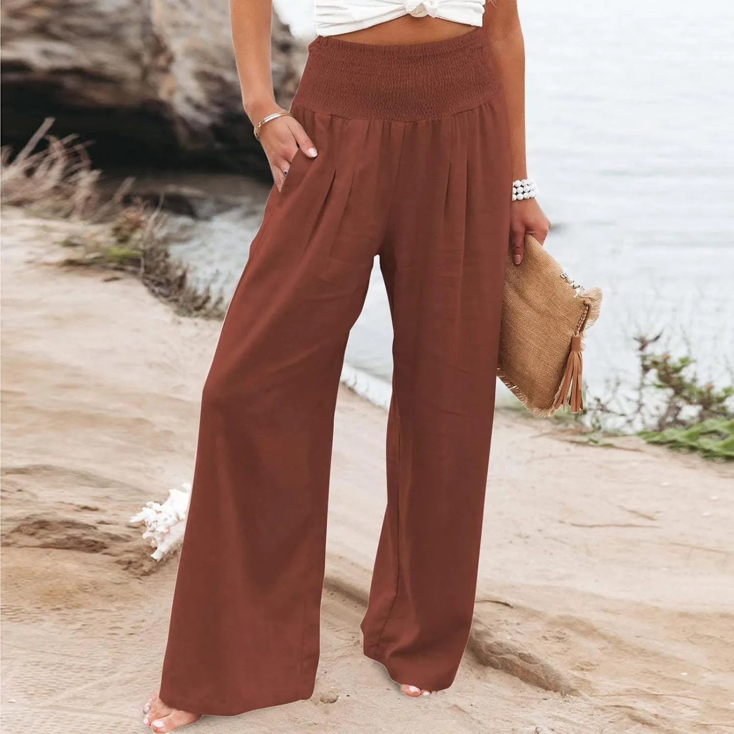 Women Cotton Linen Palazzo Pants Summer High Waist Wide Leg Lounge Slacks Boho Beach Flowy Long Trousers with Pockets