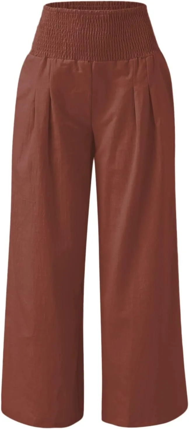 Women Cotton Linen Palazzo Pants Summer High Waist Wide Leg Lounge Slacks Boho Beach Flowy Long Trousers with Pockets