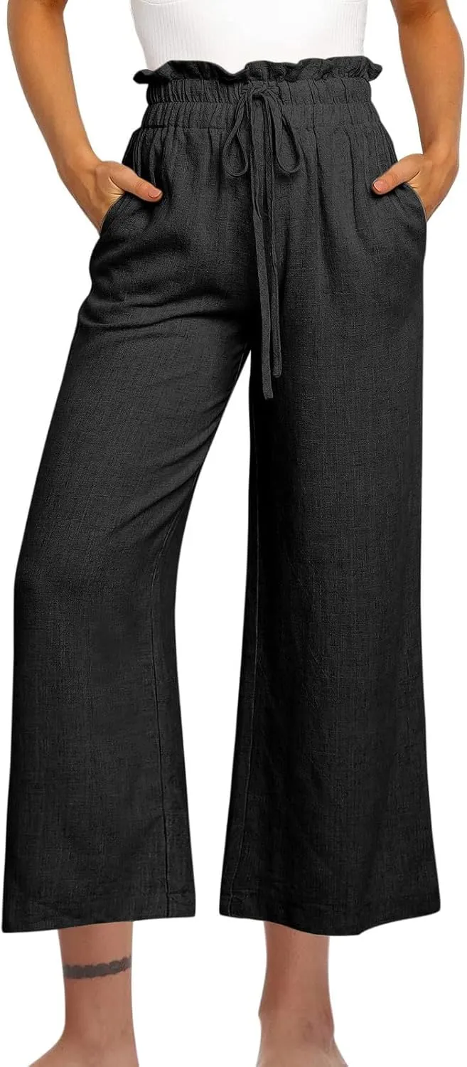 Women Cotton Linen Pants Casual Loose High Waist Palazzo Trousers Beach Wide Leg Cropped Pants Trendy Summer Outfits