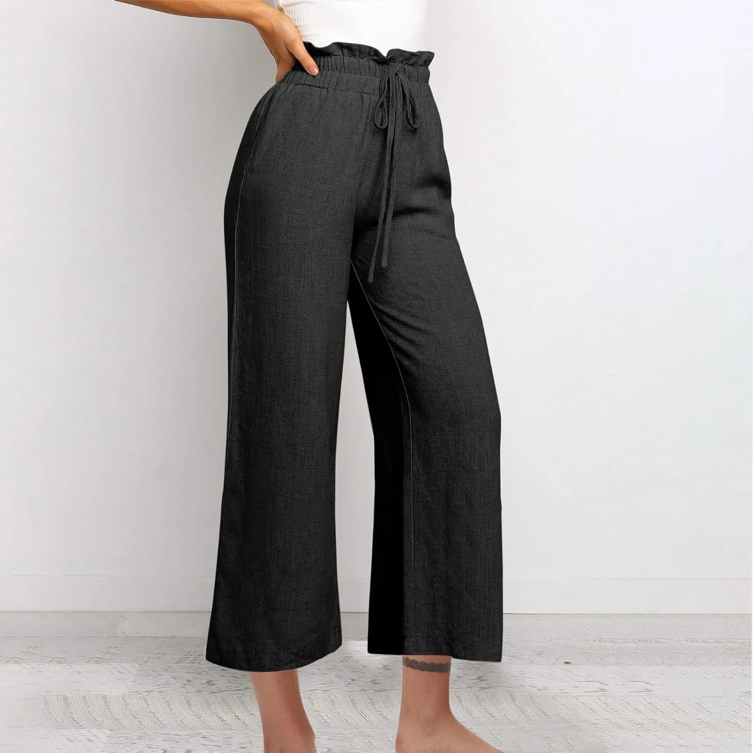 Women Cotton Linen Pants Casual Loose High Waist Palazzo Trousers Beach Wide Leg Cropped Pants Trendy Summer Outfits