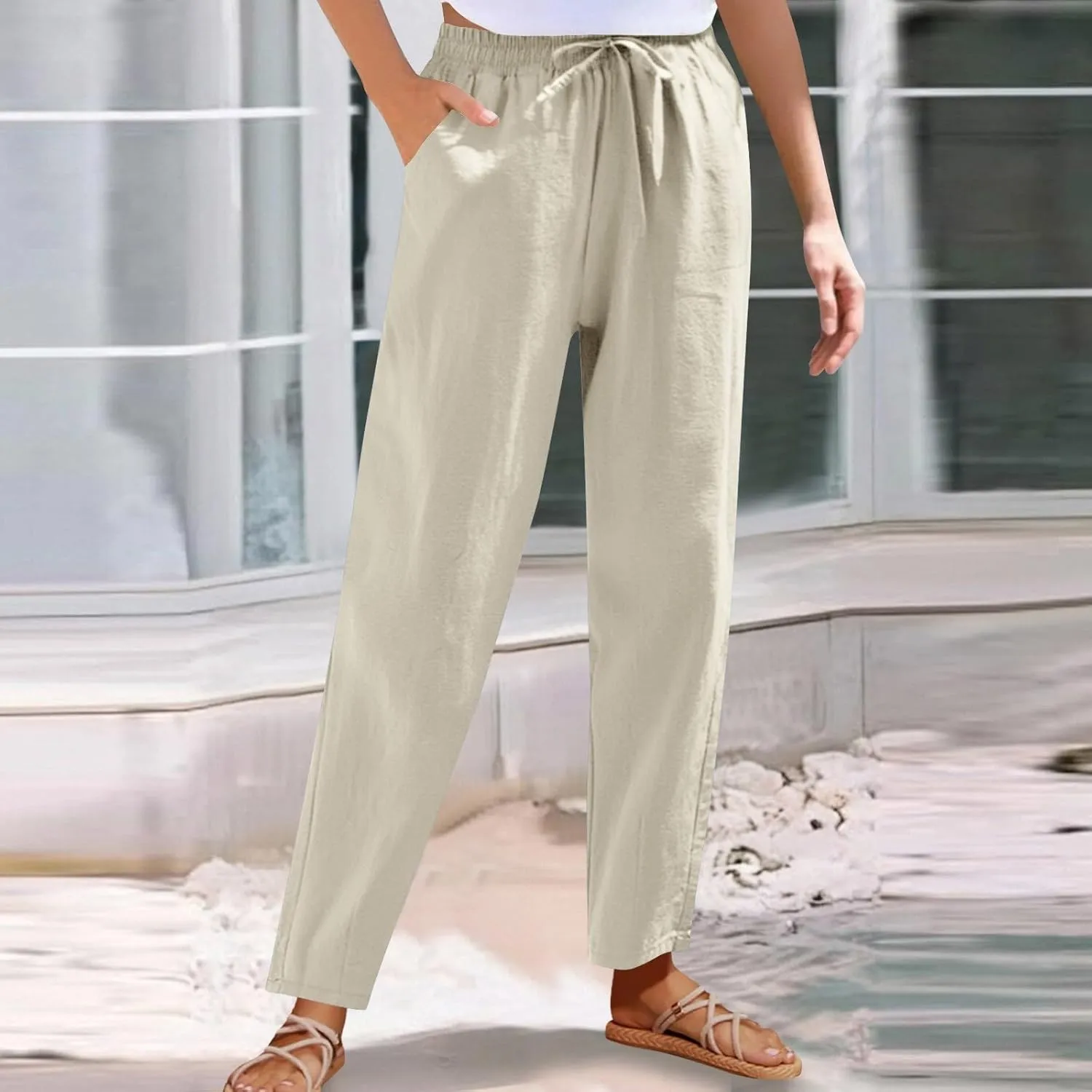 Women Cotton Linen Pants Summer Drawstring Elastic Waist Straight Trousers Casual Wide Leg Beach Pants with Pockets