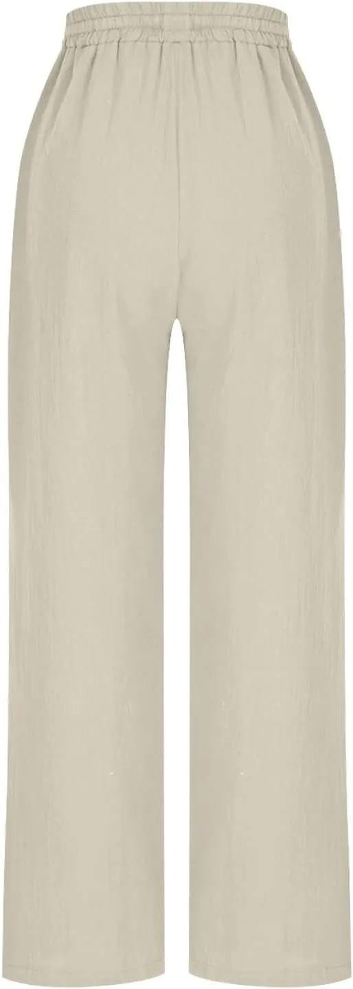 Women Cotton Linen Pants Summer Drawstring Elastic Waist Straight Trousers Casual Wide Leg Beach Pants with Pockets