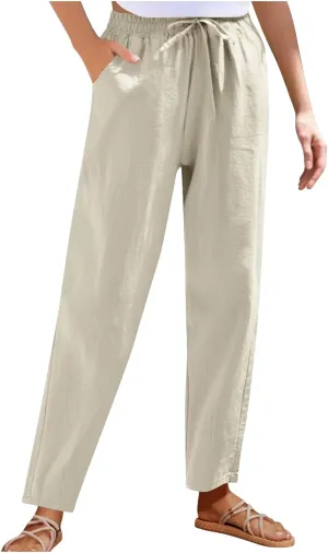Women Cotton Linen Pants Summer Drawstring Elastic Waist Straight Trousers Casual Wide Leg Beach Pants with Pockets
