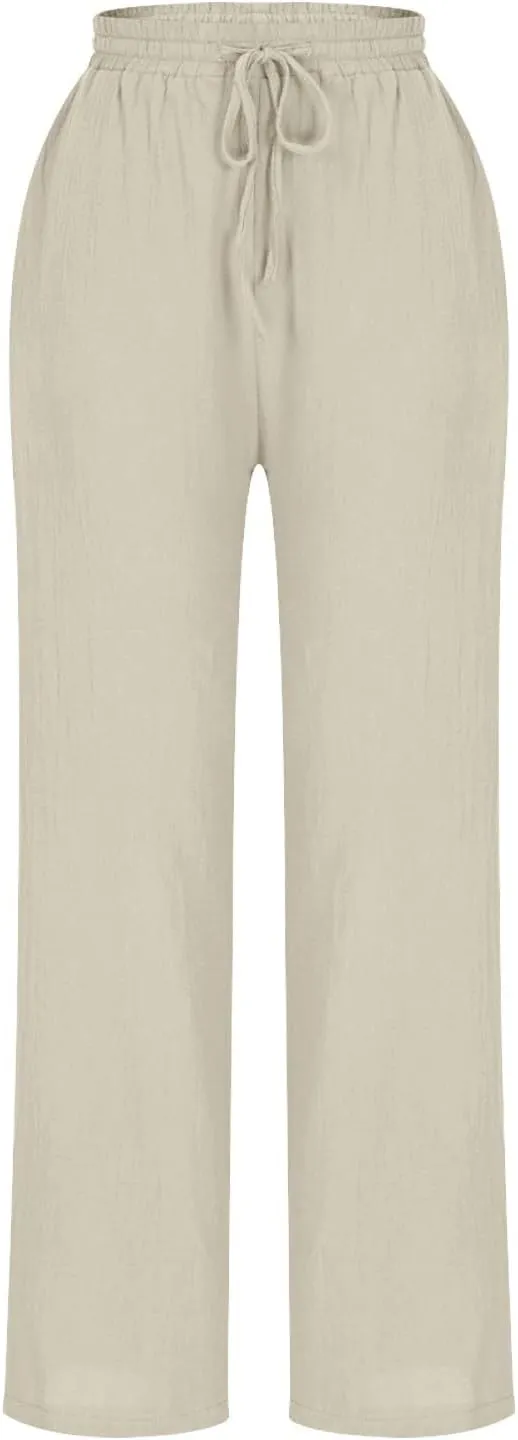 Women Cotton Linen Pants Summer Drawstring Elastic Waist Straight Trousers Casual Wide Leg Beach Pants with Pockets
