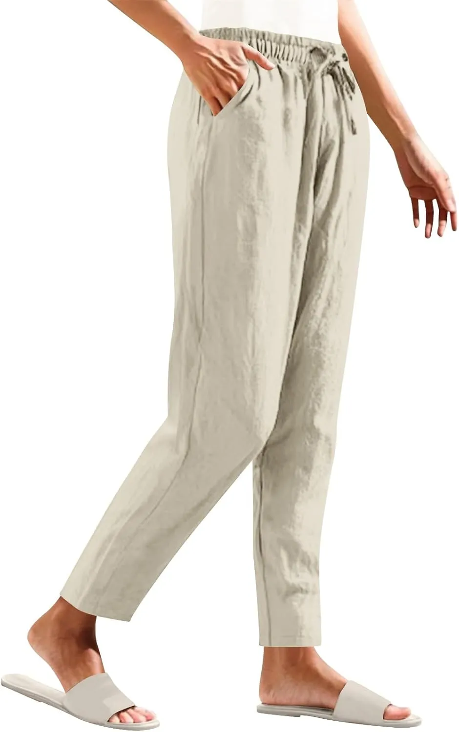 Women Cotton Linen Pants Summer Drawstring Elastic Waist Straight Trousers Casual Wide Leg Beach Pants with Pockets