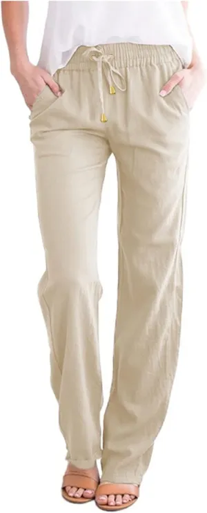 Women Cotton Linen Summer Boho Pants High Waist Straight Slim-Fit Pant Trousers Work Business