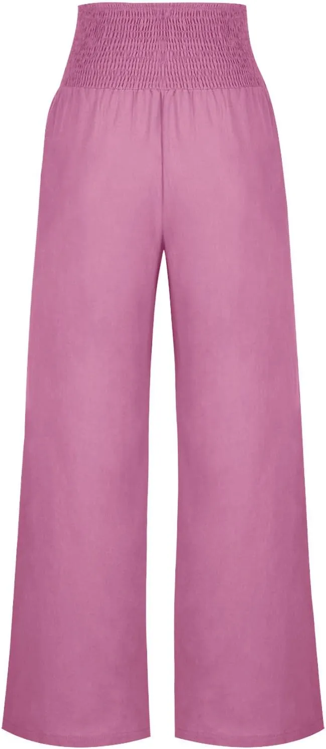 Women Dressy Casual Linen Pants 2025 Elastic Waist Drawstring Pocket Trousers Loose Straight Wide Leg Palazzo Pants