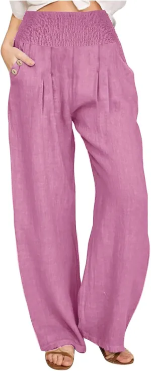 Women Dressy Casual Linen Pants 2025 Elastic Waist Drawstring Pocket Trousers Loose Straight Wide Leg Palazzo Pants