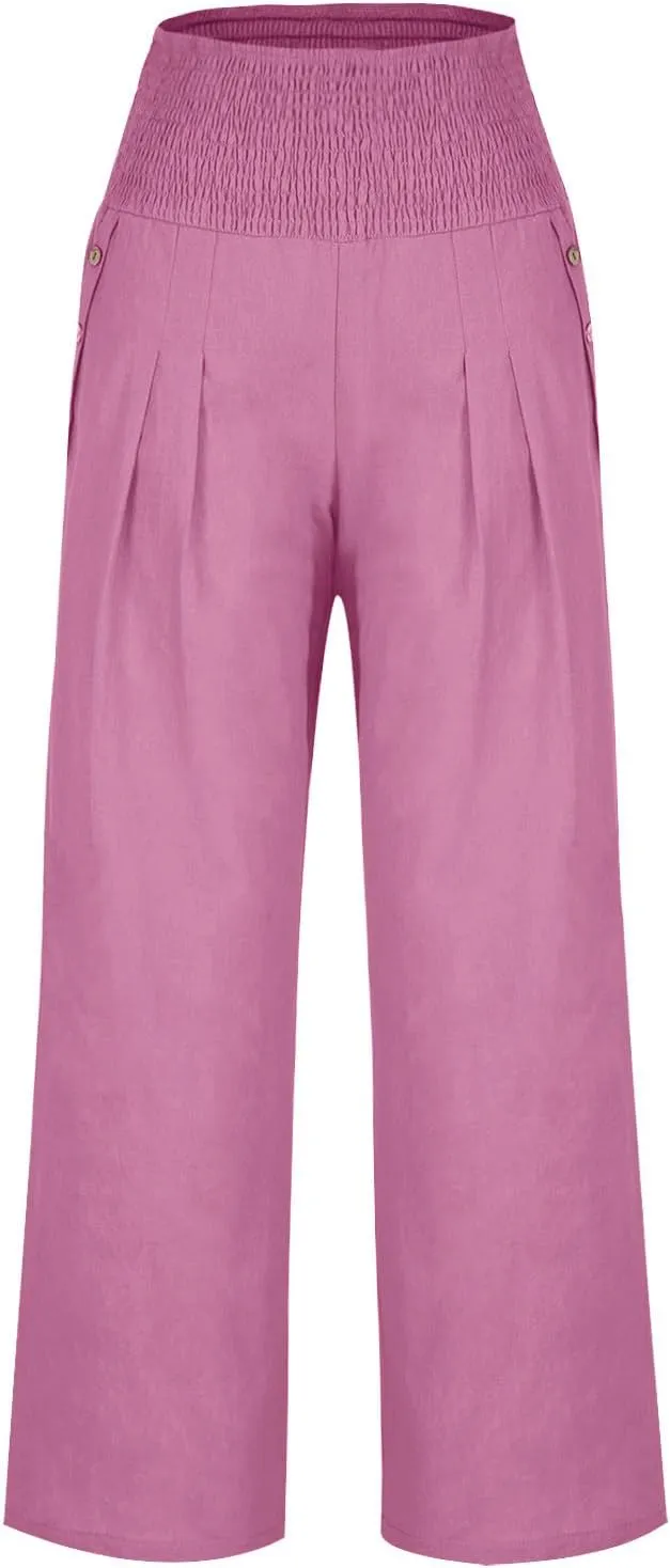 Women Dressy Casual Linen Pants 2025 Elastic Waist Drawstring Pocket Trousers Loose Straight Wide Leg Palazzo Pants