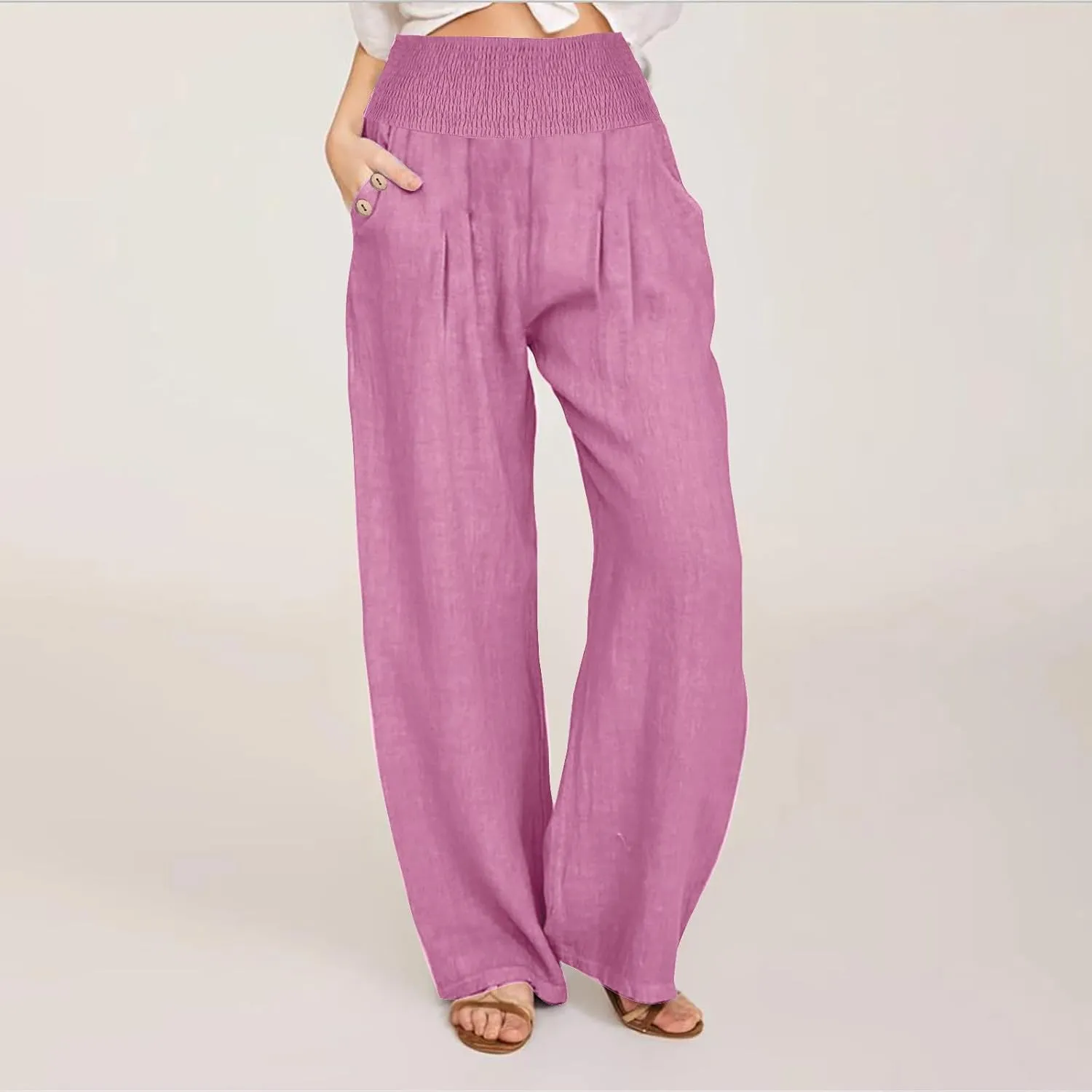 Women Dressy Casual Linen Pants 2025 Elastic Waist Drawstring Pocket Trousers Loose Straight Wide Leg Palazzo Pants