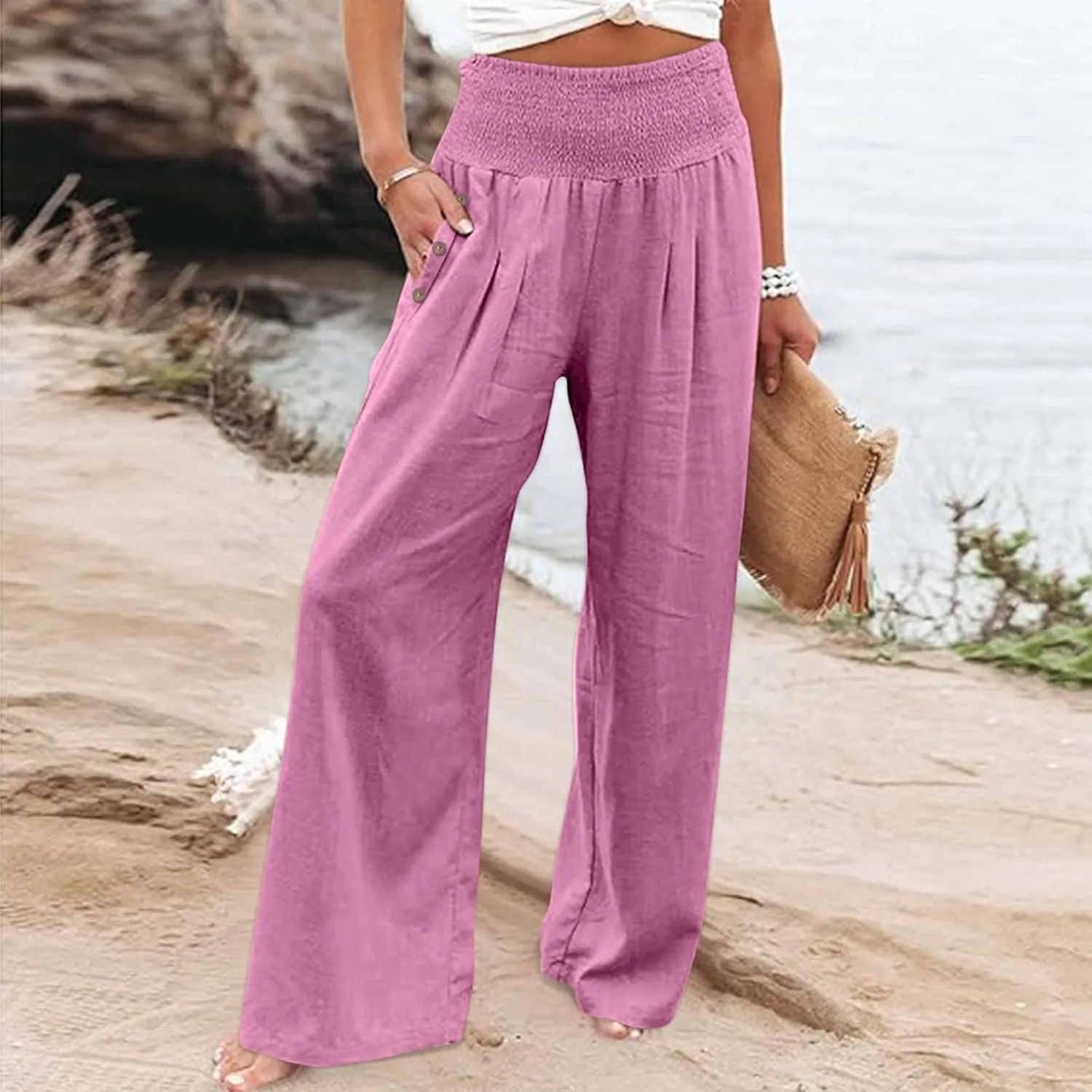 Women Dressy Casual Linen Pants 2025 Elastic Waist Drawstring Pocket Trousers Loose Straight Wide Leg Palazzo Pants