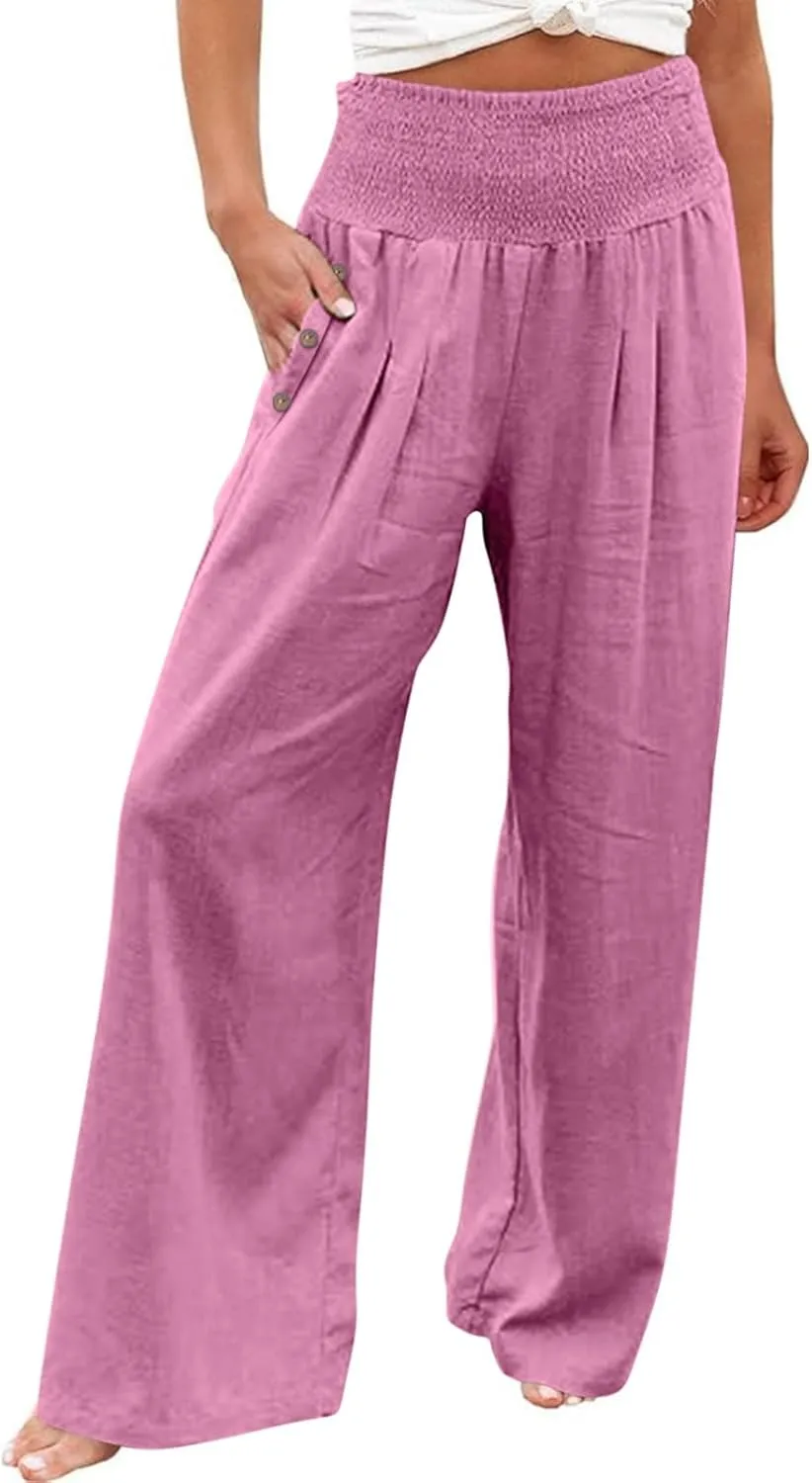 Women Dressy Casual Linen Pants 2025 Elastic Waist Drawstring Pocket Trousers Loose Straight Wide Leg Palazzo Pants