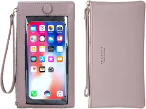 Women Faux Leather Long Wallet Wristlet Handbag with Touch Screen Clear Phone Window (Lilac)