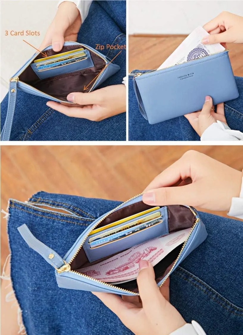 Women Faux Leather Long Wallet Wristlet Handbag with Touch Screen Clear Phone Window (Lilac)