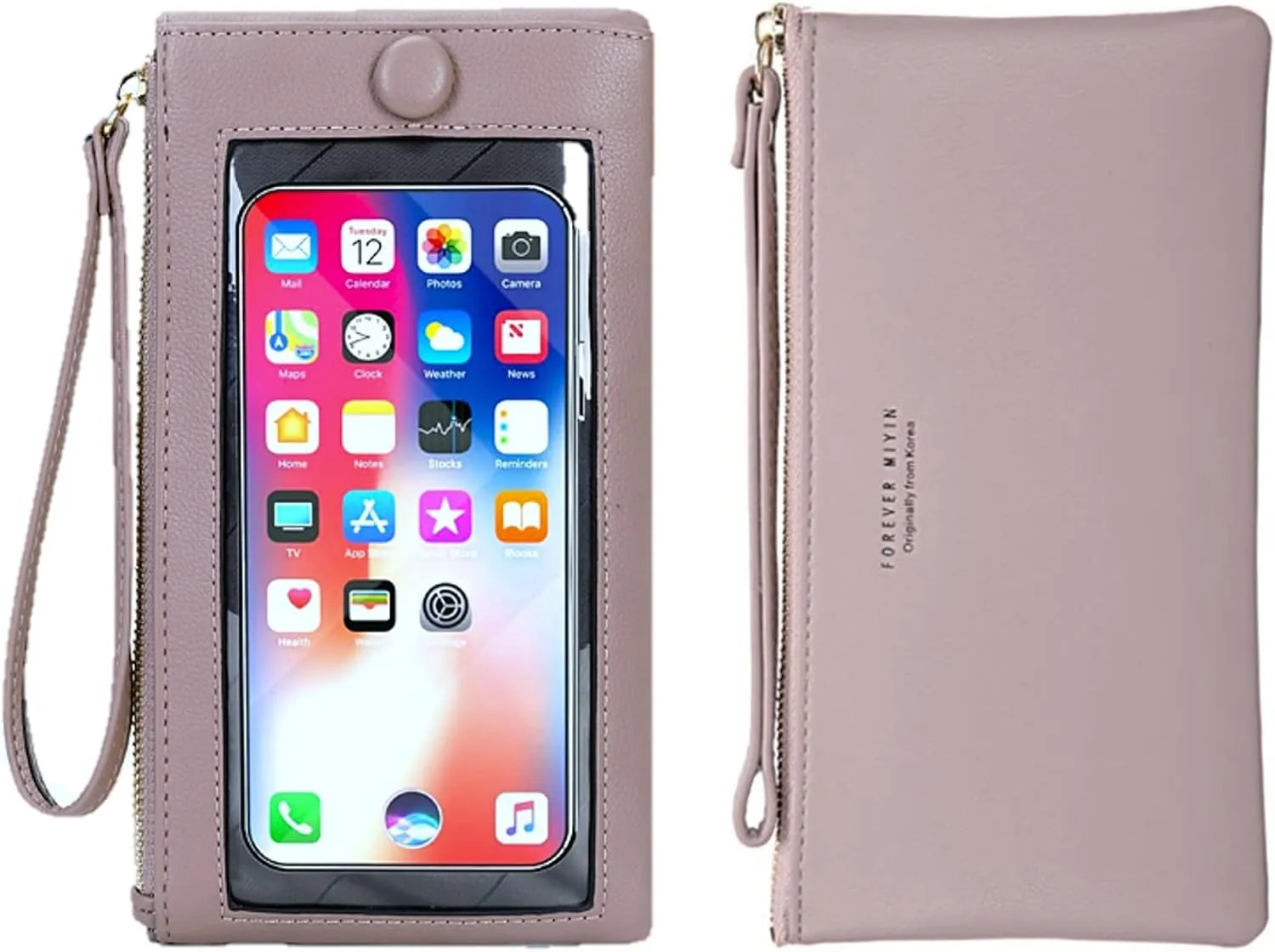 Women Faux Leather Long Wallet Wristlet Handbag with Touch Screen Clear Phone Window (Lilac)