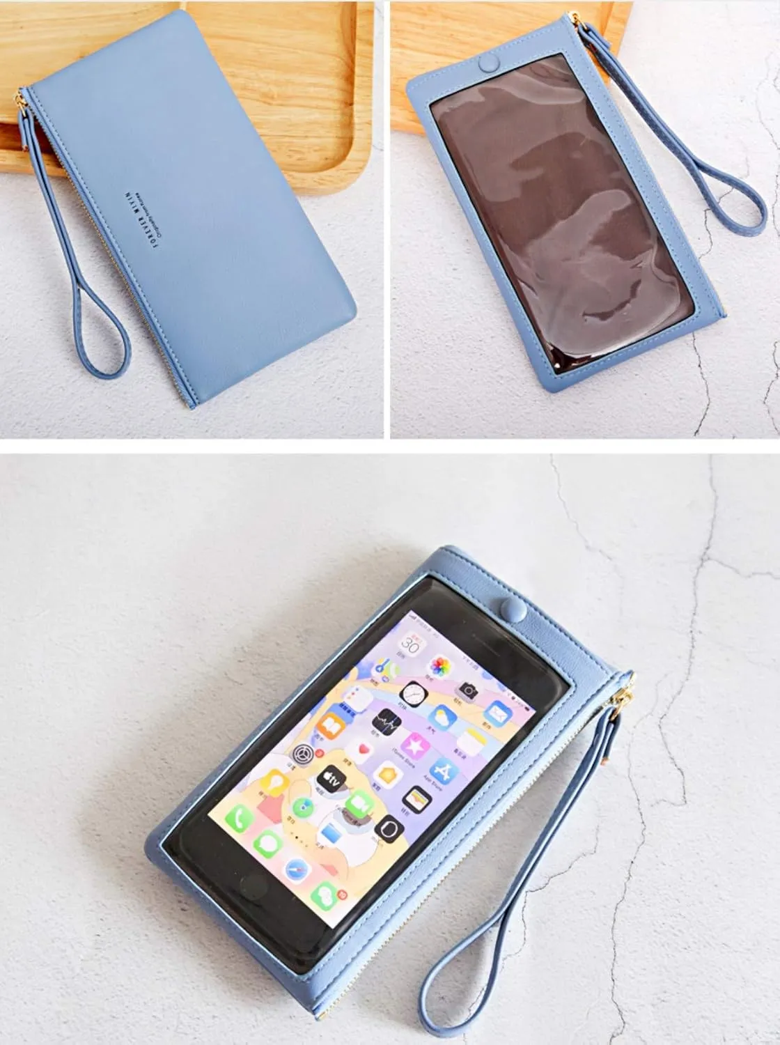 Women Faux Leather Long Wallet Wristlet Handbag with Touch Screen Clear Phone Window (Lilac)