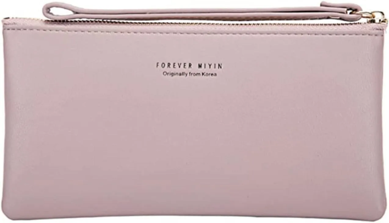Women Faux Leather Long Wallet Wristlet Handbag with Touch Screen Clear Phone Window (Lilac)