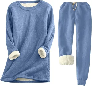 Women Fleece Thicken Loungewear Suit Solid Color Long Sleeve Pullover Drawstring Pants Winter Warm Velvet Pajamas Set
