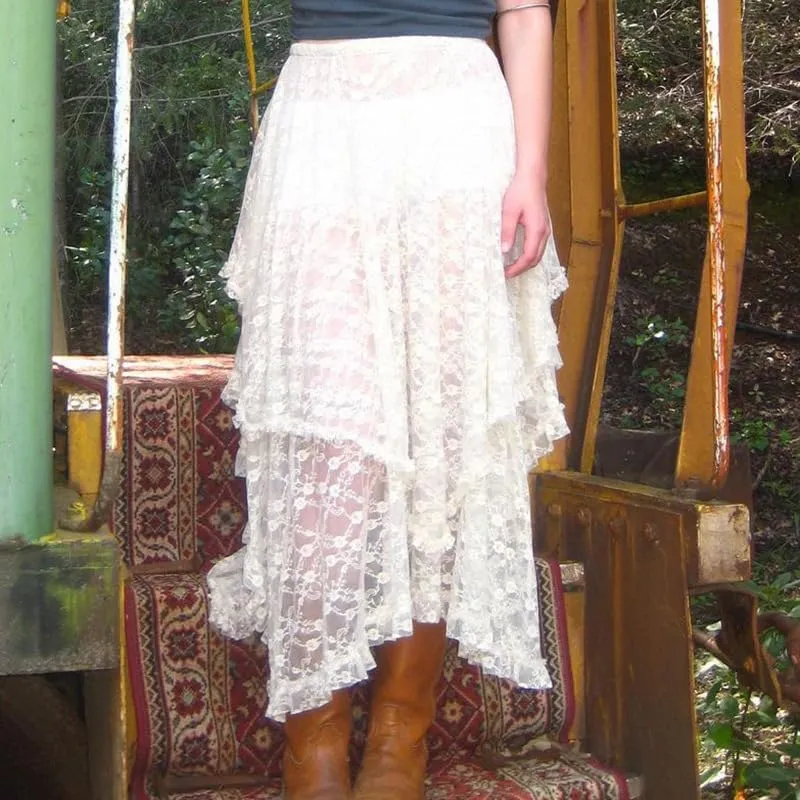 Women Floral Lace Long Skirt Asymmetrical Layered Summer Sheer Maxi Skirts Sexy See-Through Flowy Boho Beach Skirt