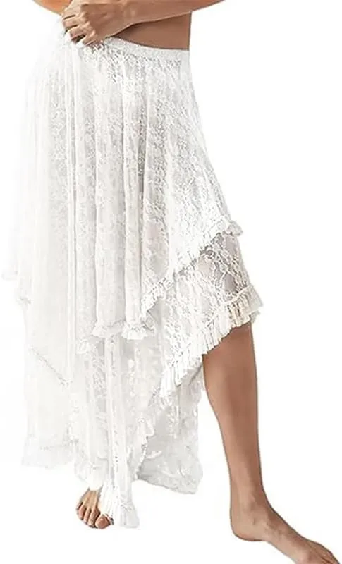 Women Floral Lace Long Skirt Asymmetrical Layered Summer Sheer Maxi Skirts Sexy See-Through Flowy Boho Beach Skirt