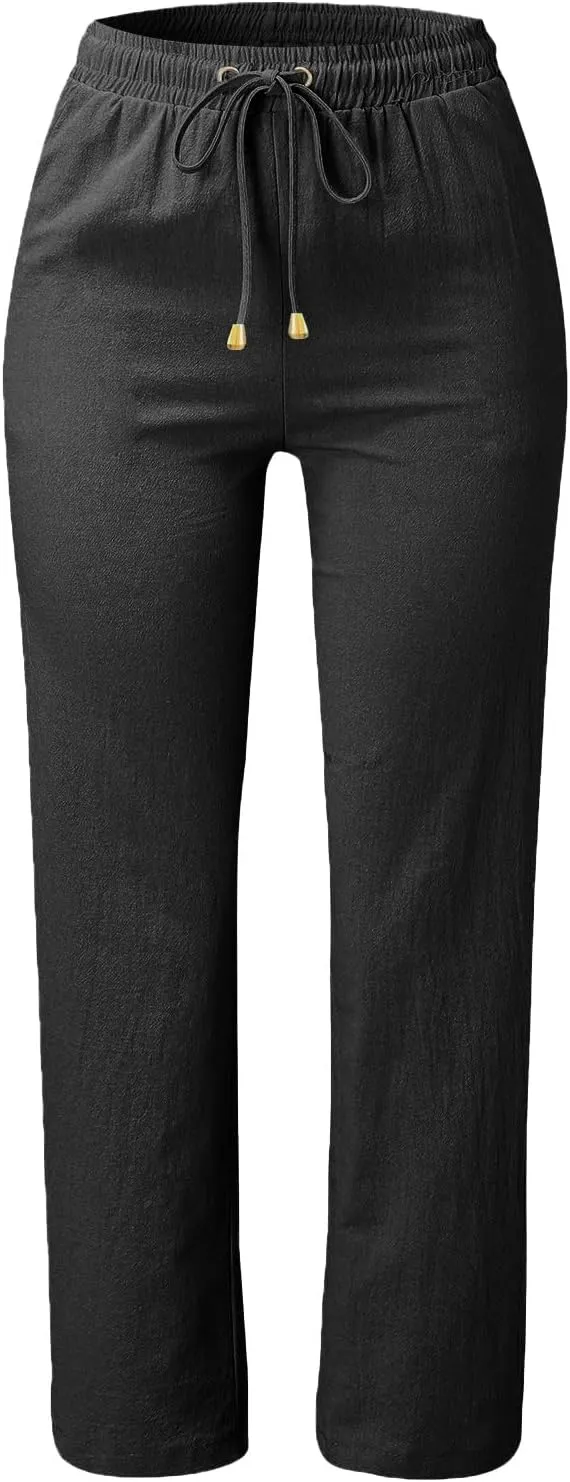 Women High Waist Straight Leg Pants Casual Elastic Waist Cotton Linen Wide Leg Pants Solid Summer Drawstring Trousers