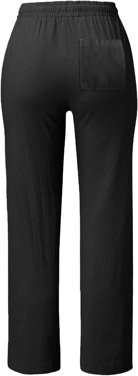 Women High Waist Straight Leg Pants Casual Elastic Waist Cotton Linen Wide Leg Pants Solid Summer Drawstring Trousers