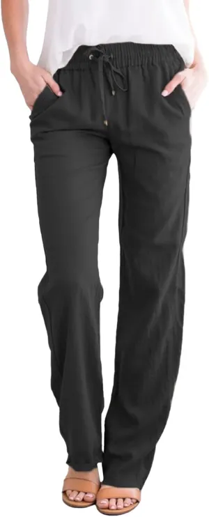 Women High Waist Straight Leg Pants Casual Elastic Waist Cotton Linen Wide Leg Pants Solid Summer Drawstring Trousers