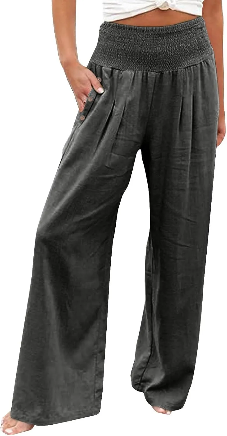 Women High Waisted Linen Palazzo Pants Summer Vacation 2025 Long Wide Leg Lounge Beach Pant Trousers with Pockets