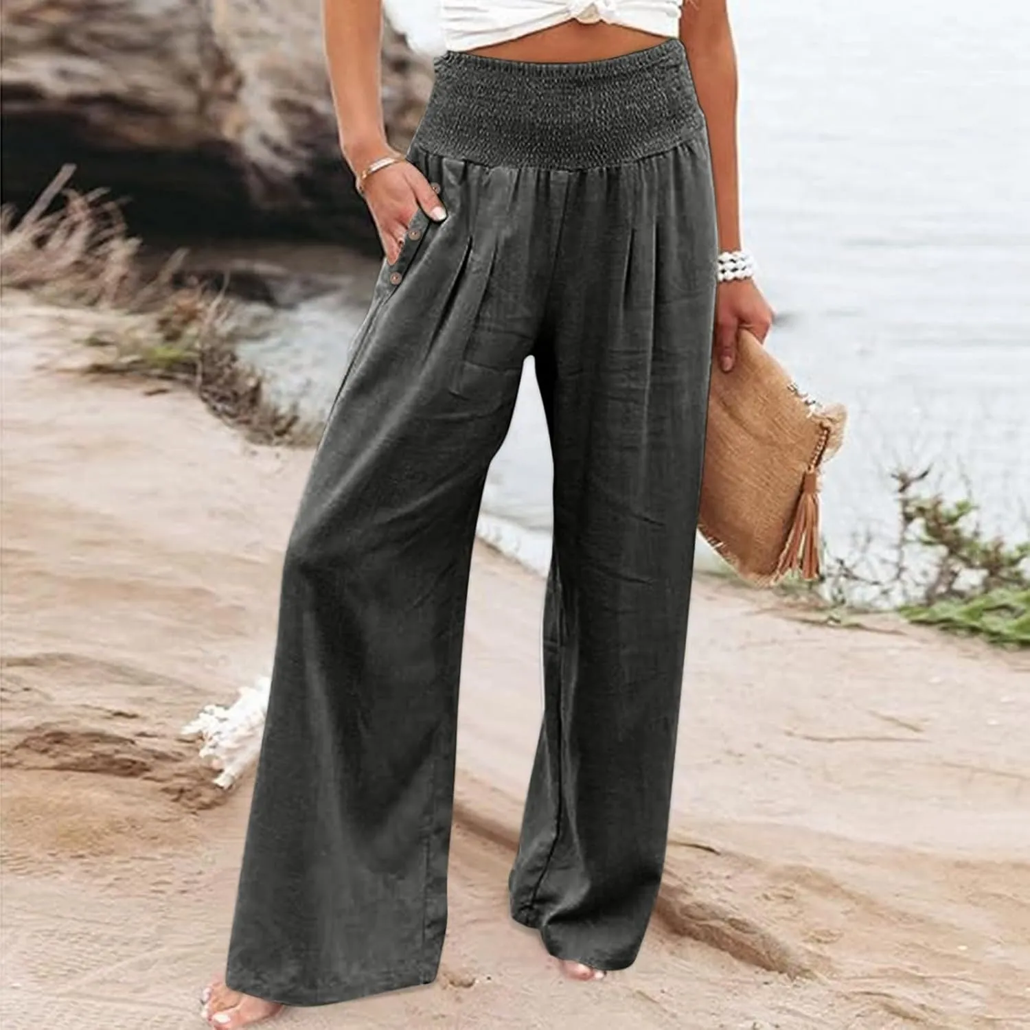 Women High Waisted Linen Palazzo Pants Summer Vacation 2025 Long Wide Leg Lounge Beach Pant Trousers with Pockets